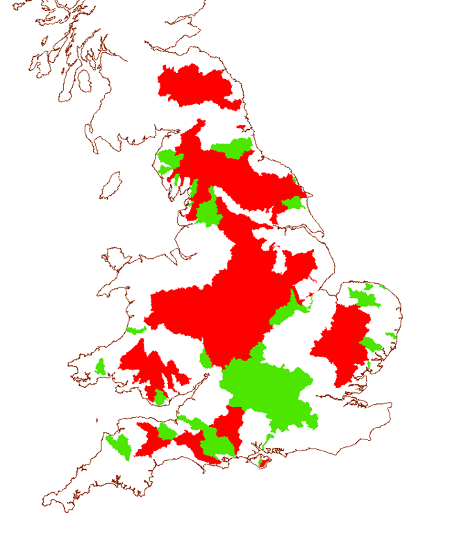 Catchment fragmentation mapping; year 1976 (red, loss of connectivity at least once at one site; green, no loss).