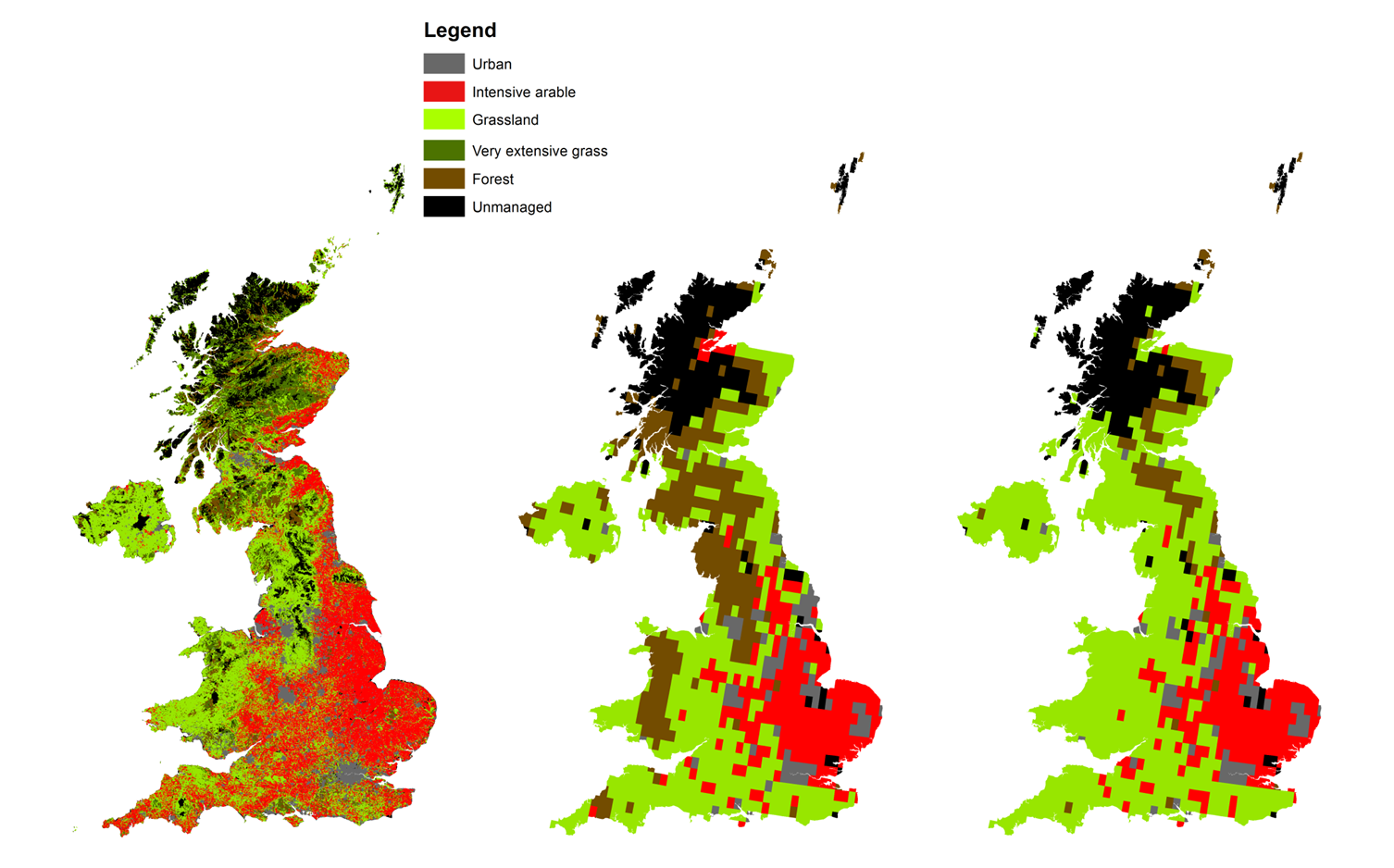 (Left): Observed CORINE land use, (middle): Model simulated land use for the baseline period (majority land use type for each grid cell shown), (Right): Model simulated land use with 20% decrease in precipitation