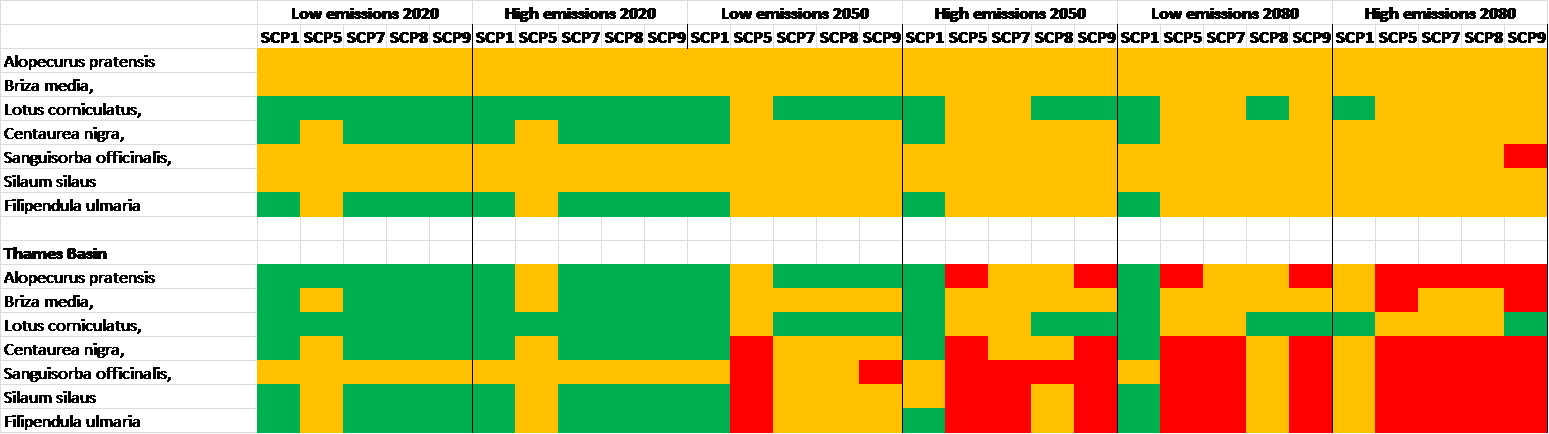 Changes in suitable climate space in Great Britain (upper) and Thames basin (lower) for MG 4 Alopecurus pratensis–Sanguisorba officinalis Lowland hay meadows species under different UKCP09 scenarios.