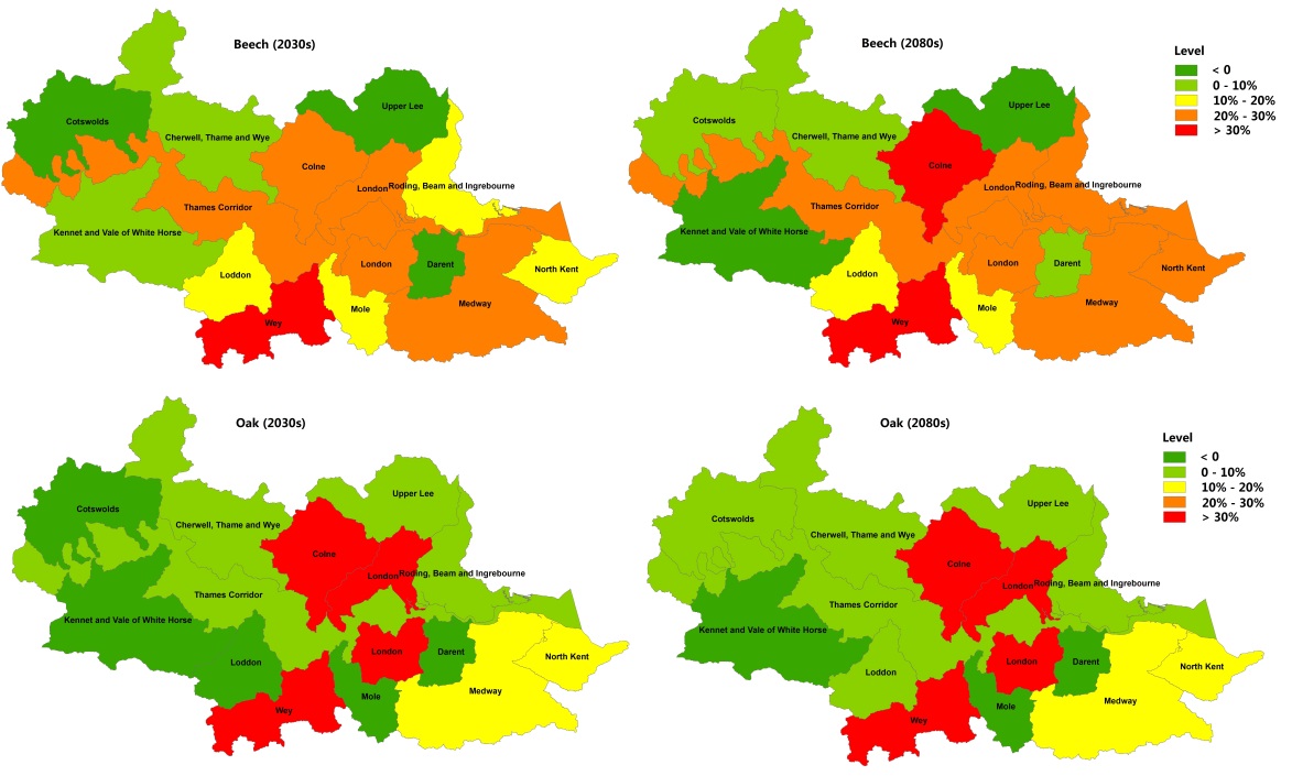 Vulnerability levels of beech and oak in the Thames Basin to drought relative to baseline.