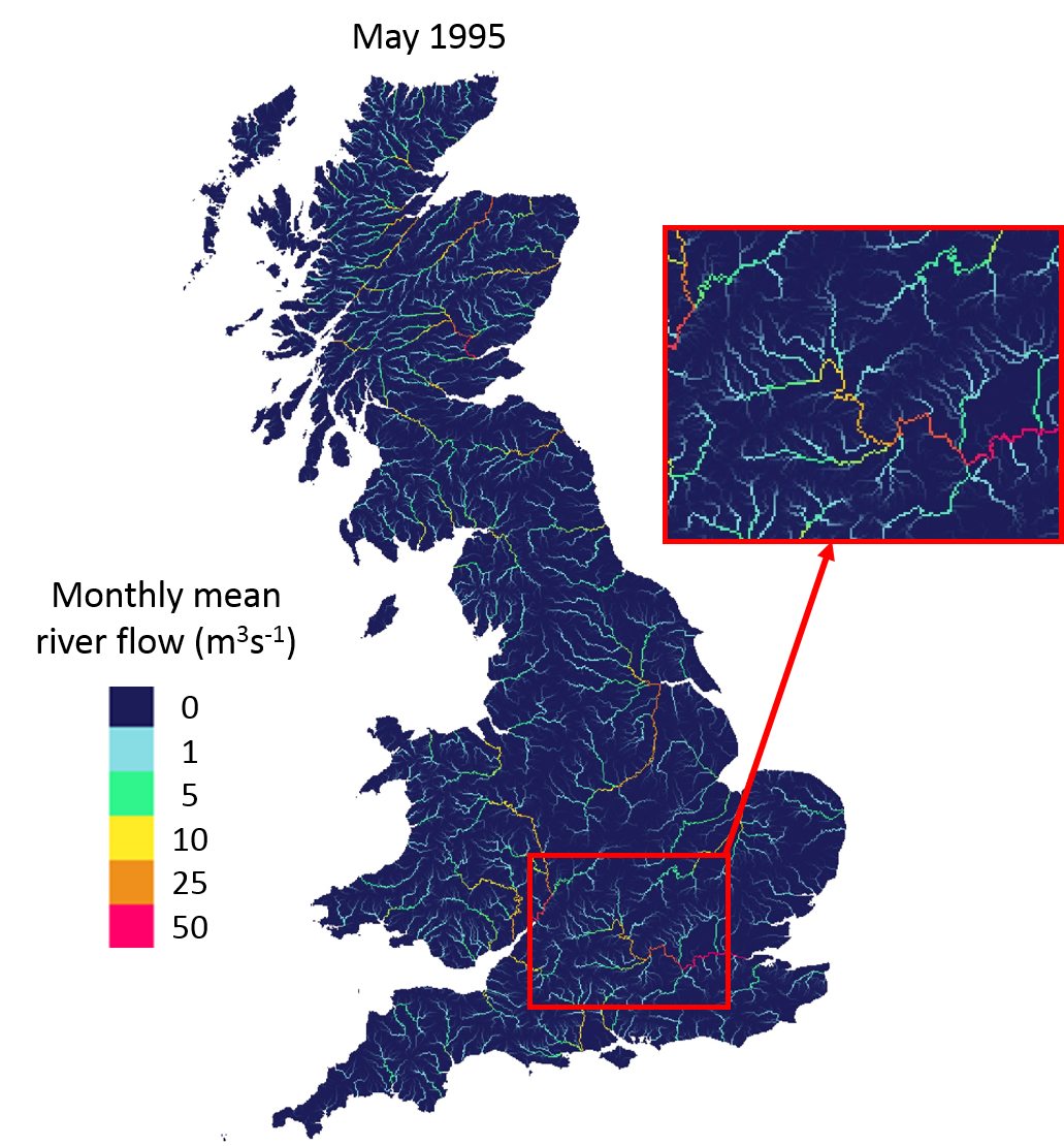 1km x 1km Grid-to-Grid simulated mean monthly river flows for May 1995. Flow output can be produced daily or monthly.
