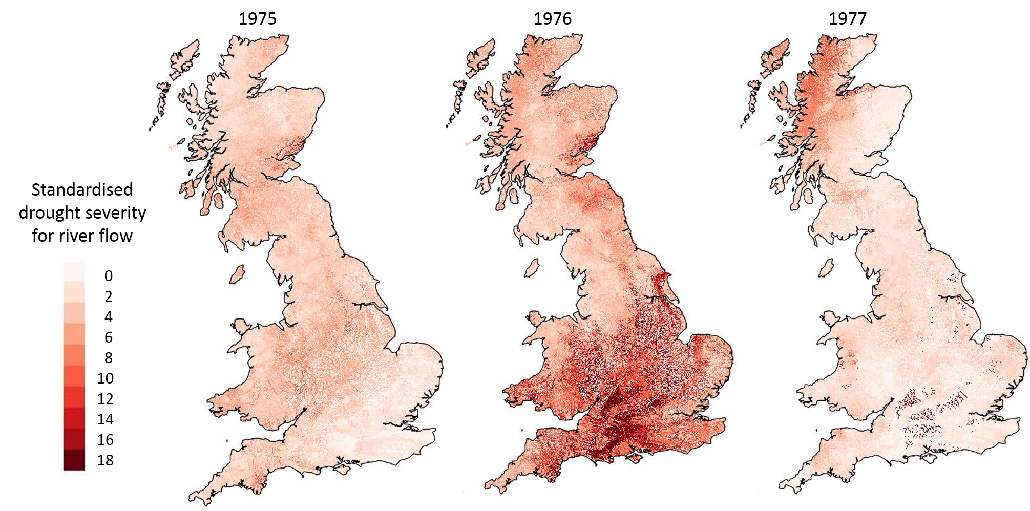 The maps show Grid-to-Grid model output (1km x 1km) of standardised drought severity (river flow) for 1975, 1976 and 1977. They maps show the most severe drought in each year. The darker the colour the more severe the drought.