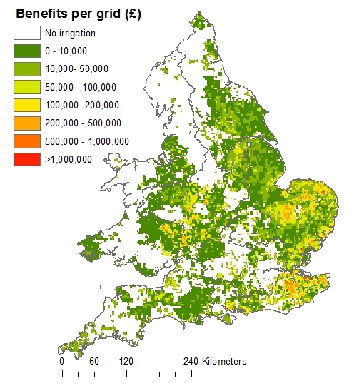 Estimated irrigation benefits (£) per 2km x 2km grid cell [from Rey et al., 2016].